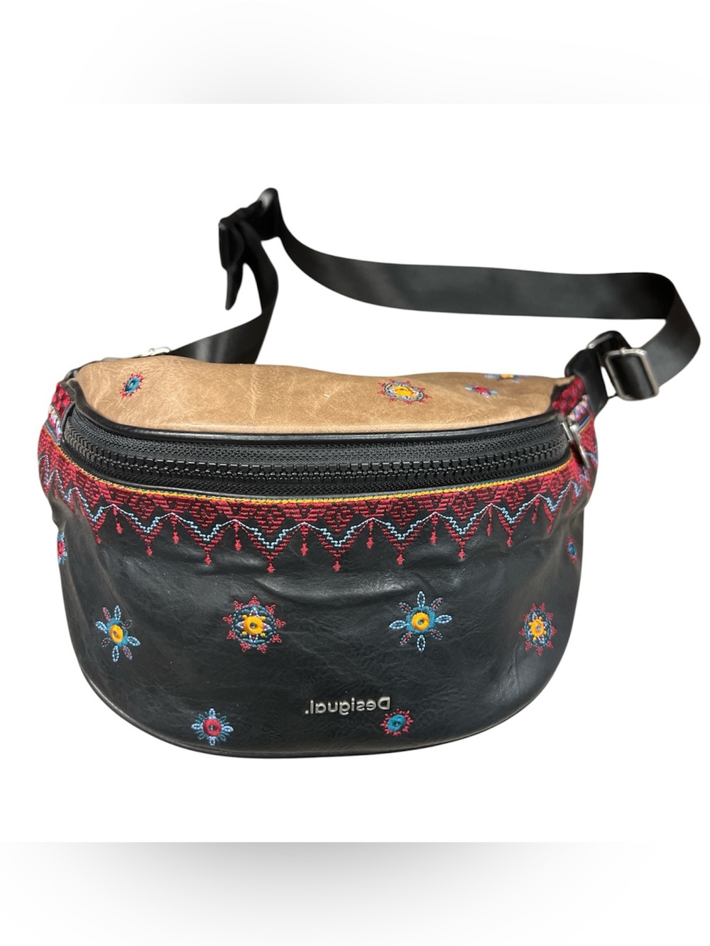 Desigual Black Crossbody Bag with Multicolor Embroidery
